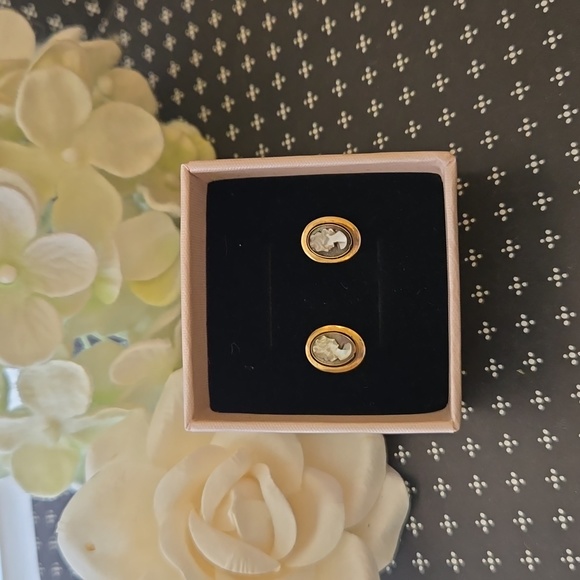 Vintage Jewelry - Vintage Gold Tone Mother of Pearl Iridescent Shell Cameo Stud Earrings
